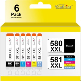6 youprint Printer Cartridges for Canon PGI-580 CLI-581 XXL Including Photo Blue Suitable for Canon Pixma TS8150, TS8250, TS8350(a), TS8351(a), TS8352(a), TS9150, Multipack Canon 580 581