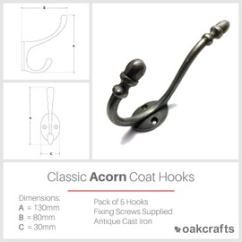 Oakcrafts - Antique Acorn Design Cast Iron Coat Hook - 5" / 130mm - Pack of 5 Hooks