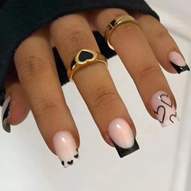 Heart Press on Nails Medium Valentine's Day Fake Nails with Blake Heart Design French tips False Nails Glossy Full Cover Stick on Nail Glue on Nails for Women 24Pcs