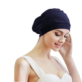 Long Hair Swim Hat For Women Pleated Swimming Cap Fitness Bathing Cap Ears Protection Cap Surfing Cap Shower Cap for beach seaside (dark blue)