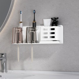 Electric Toothbrush Holders for Bathrooms, Toothbrush Metal Holders Wall Mounted Adhesive with 2 Cups, Bathroom Organizer for Toothpaste Shaver & Electric Toothbrush, 1pcs（White）