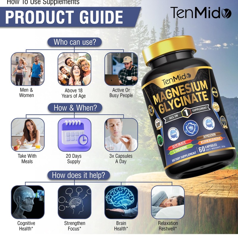 Tenmido Pure Magnesium Glycinate Supplements - 4in1 with L-Theanine, Ashwagandha,