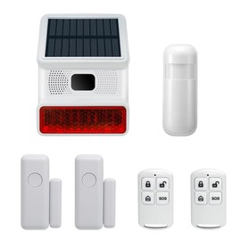 YBJ Solar Sound & Light Alarm Siren Wireless Outside Weatherproof Waterproof Alarm System with Motion Detector, Door Window Sensor, Remote Control
