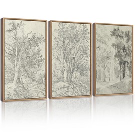 KUVIOKE Vintage Tree Framed Wall Art Retro Forest Paints Nature Wilderness Sketch Wall Painting Modern Landscape Decor 11x14in (Natural Framed)