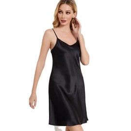 THXSILK Women's Sexy Silk Nightgown 6A+ Top Grade 100% Mulberry Silk Sleepwear Round Neck Spaghetti Strap Chemise Short Slip Dress (X-Large Size, Black)