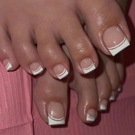 French Tip Press on Nails Toes Pink False Toenails with Double French Line Tip Designs White Line Fake Toe Nails Glossy Acrylic Toe Nails Square Artificial Nails Short Nude Stick on Toenails for Women