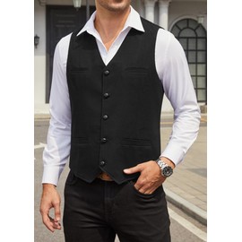 HISDERN Suit Vest for Men Vintage Casual Tweed Vest Men's Herringbone Wool Vest Formal for Wedding Business with Pockets, Black, XL