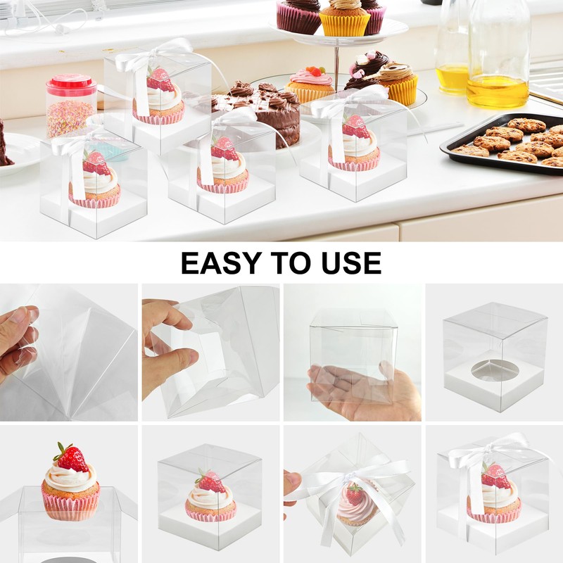 Axigundaone 60 Pcs Clear Cupcake Boxes Single 3.5 Inch, White