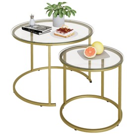 Azheruol Nesting Coffee Table Set of 2,Modern Gold Tempered Glass Side Table, Metal Frame Round End Table.Small Glass Tea Table for Living Room,Bedroom Studio Apartment Essentials，17.7IN