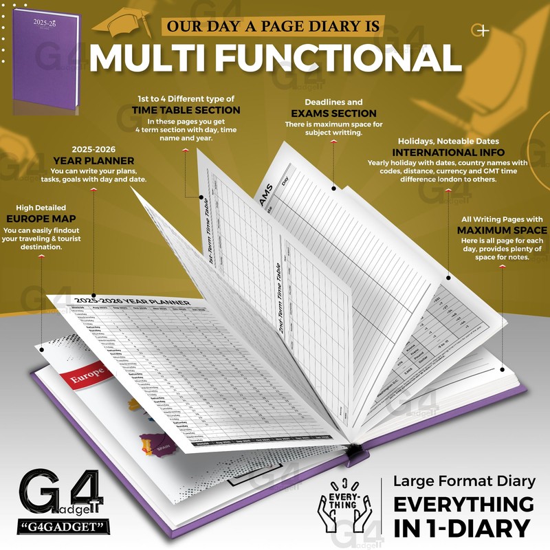 G4GADGET Academic Diary 2025-2026 A4 Day-A-Page School Planner for Students