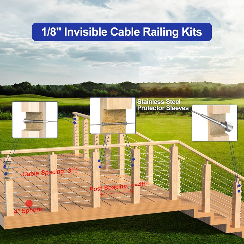BLIKA 30 Pack 4"x4" Invisible Cable Railing Kits, 1/8" Stainless