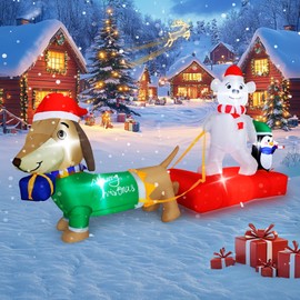 8FT Christmas Inflatable Outdoor Lighted Polar Bear & Penguins Carrying Dog Sleigh Decor, Sleigh-Riding Bear with a Candy Cane-Holding Penguin Yard Decor for Xmas Holiday, Indoor & Outside