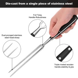 Large Meat Fork with Wood Handle,11.6 Inch Stainless Steel Two Prong Serving Fork for Meat Cooking,Kitcen,Barbecue,Chicken Turkey Beef,Black