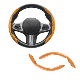Amiss Car Wood Grain Steering Wheel Cover, Car Interior Accessories, 2PCS Segmented & Butterfly Design, Universal 99% Vehicle Wheel Cover Protector (Yellow)