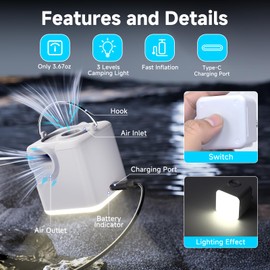 Portable Air Pump for Inflatables, 4.5kPa Mini Air Mattress Pump with Camping Light, 2400mAh Battery Rechargeable Air Pump for Pool Floats, Sleeping Pads, Swimming Ring, Vacuum Storage Bags