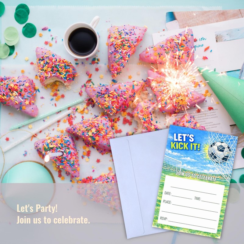 WENFLY Soccer Celebration Party Invitation Cards, Let's Kick It