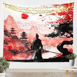 Feelyou Japanese Samurai Wall Hanging Boys Girls Small 51"x59" Landscape Tapestry For Kids Women Men Ultra Soft Sunset Wall Blanket Japan Themed Wall Art Room Decor Floral Tapestries