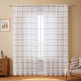 WUBODTI Cortinas semitransparentes a cuadros para sala de estar, 2 paneles, lino sintético, geométrico, para comedor, ventanas, cortinas de rayas rojas para recámara de granja, 84 pulgadas de largo,