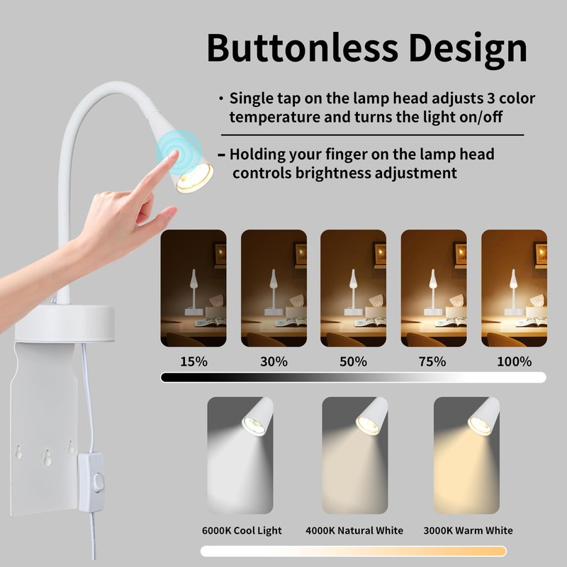White Headboard Reading Light, No Drilling Wall Mounted Reading Lights