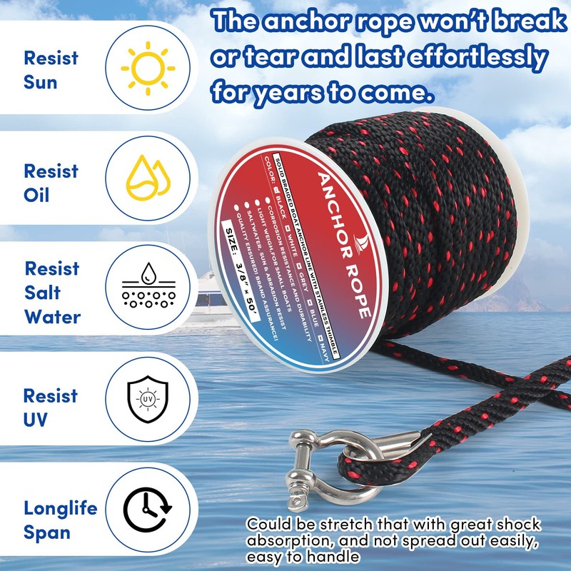 Premium Anchor Rope 50 ft x 3/8 inch, Solid Braid