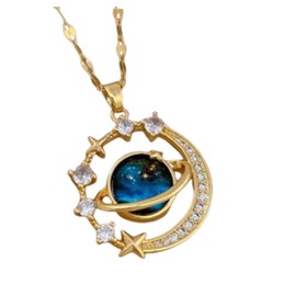 CrownOfRibbons Galaxy Moon and Star Pendant Necklace, Crystal with Blue Planet Design
