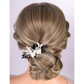 Teyglen Dainty Flower Bridal Hair Comb Black Rhinestone Crystal Pearl Hair Side Comb Wedding Hair Piece Hair Accessories for Bride Silver Leaf Flower Headpiece for Women (Black)