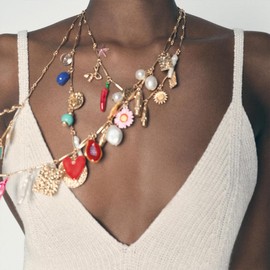 GOGZBD 3 Pcs Layered Pendant Necklaces for Women Sea Shell Beach Charm Beaded Choker Necklace for Summer Holiday Party (Colorful charms)