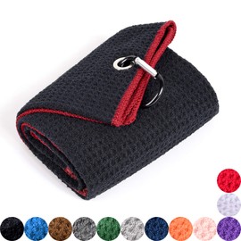 Mile High Life Tri-fold Golf Towel | Premium Microfiber Fabric | Waffle Pattern | Heavy Duty Carabiner Clip (Black/Red)