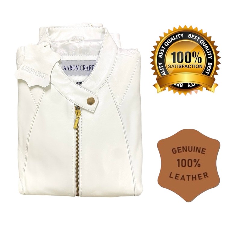 Aaron Craft White Women's Lambskin Leather Biker Jacket X-Small