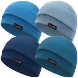 Headshion - Gorras de algodón para Hombres y Mujeres, Paquete de 4 Gorras Ligeras para Dormir, 4 Azul (Azul, Brumoso, Oscuro, Pavo Real)