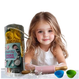 FlavorJoy Cookie Baking Cutter Set For Kids - 6 silicon cupcake forms, 24 Assorted Cookie Cutters, Rolling Pin, Silicone Baking Pan, Non-Stick Baking Mat, Fun Activity Gift for Boys and Girls, Age 4+