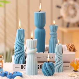 Threlaco 6 Pcs Pillar Candles Modern Aesthetic Ribbed Decorative Candle Set Cute Soy Wax Scented Ribbed Decor for Home(Blue,2.36-6.89 Inch)