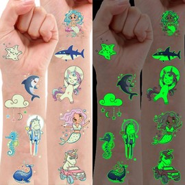 15 Sheets 3D Luminous Ocean Sea Animals Temporary Tattoos For Kids Girls Unicorn Mermaid, Glow In The Dark Night Temp Fake Tattoos Stickers Children, Glitter Tatoos Seaside Beach Party Favor Supplies