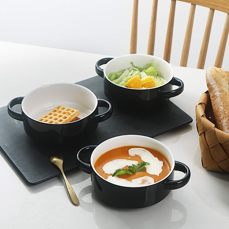SWEEJAR Ceramic Soup Bowls with Double Handles, 20 Oz Stacked