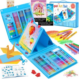 Art Supplies, 272 Pack Art Set Drawing Kit for Girls Boys Teens Artist, Deluxe Gift Art Box with Trifold Easel, Origami Paper, Coloring Book, Drawing Pad, Pastels, Crayons, Pencils, Watercolors(Blue)