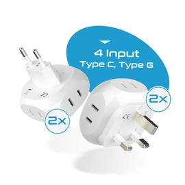 Ceptics Europe Travel Adapter Plug Set Schuko - 4 Input - Ultra Compact - Light Weight Type C, Type G - USA to Any Type C, G Countries UK, Ireland, Germany, France - 4 Pack (PT-9C-7-4PK),White