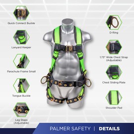 Palmer Safety Hammerhead 5pt Safety Harness 6' Safety Lanyard, D-Ring Extender Combo Kit 4 I OSHA ANSI Industrial Roofing Tool Personal Equipment (Hi Vis Green - 2XLG)
