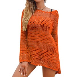 ELESOL Bathing Suit Cover Ups for Women Crochet Long Sleeve Swimsuit Hollow Out Bikini Coverup Tunic Top Beach Outfits Orange