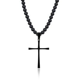 COAI Men's Cross Necklace Black Stone Necklace Onyx Beaded Necklace for Men, Black Cross Pendant