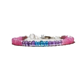 Pink sapphire, amethyst and apatite 3-4 mm rondelle shape faceted cut gemstone beads 7 inch stacking bracelet with 925 sterling silver plated lock clasp bracelet, link chian bracelet for unisex, Stone Sterling Silver Metal, Pink sapphire, amethyst & apat