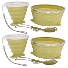 Cagelya Mess Kit for Camping Silicone Collapsible Bowl Collapsible Cup and Stainless Steel Spoon for Backpacking Outdoor Hiking Traveling and Picnic - 2 Pack