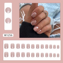 24 Pcs Nude Aurora Press on Nails Short Square - Cute Fake Nails Press ons Glossy Design Short Nail Tips False Nails Full Cover Artificial Acrylic Nails Glue on Nails Art Kit for Women Manicure