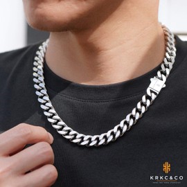 KRKC&CO Cuban Link Chain Flat Curb Chains, Men’s Stainless Steel Necklace 12mm, Anti-Tarnish Anti-Allergies, Miami Hip Hop Jewelry for Men Homme(12mm-Stainless Steel, 18)