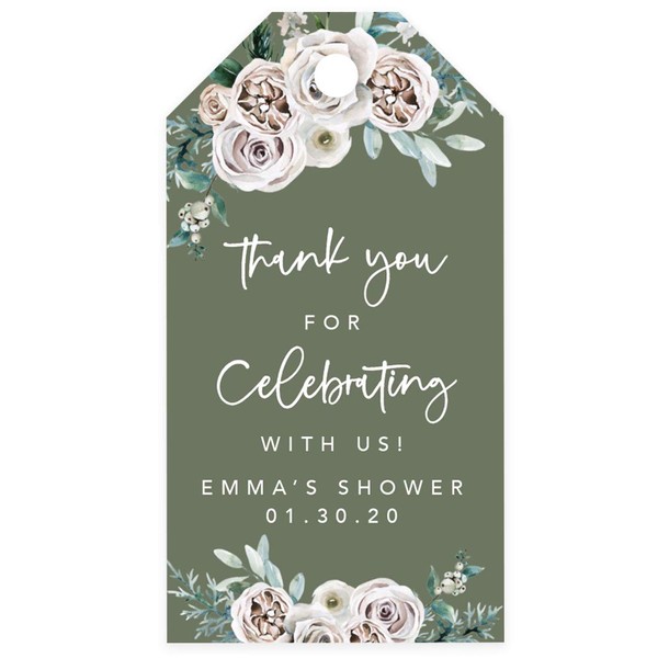 Andaz Press Sage Green with Cream Floral Blossoms Fall Wedding Party Collection, Personalized Classic Gift Tags, Thank You for Celebrating with Us Custom Name Date, Floral Bouquet, 20-Pack