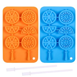 Webake Ice Cube Trays Silicone Fruit Molds, Ice Cube Fruit Popsicle Molds with Reusable Sticks, 2 Pack Giant Lollipop Mold, Fruit Shape Chocolate Candy Molds, Wax Crayon Mold Orange+Blue