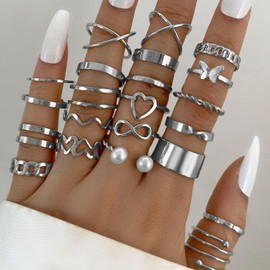 Vintage Silver/Gold/Black Kunckle Rings Set for Women Boho Stackable Rings Butterfly Pearl Heart Rings Open Adjustable Finger Rings Statement Rings Set Jewelry Gifts (Silver)