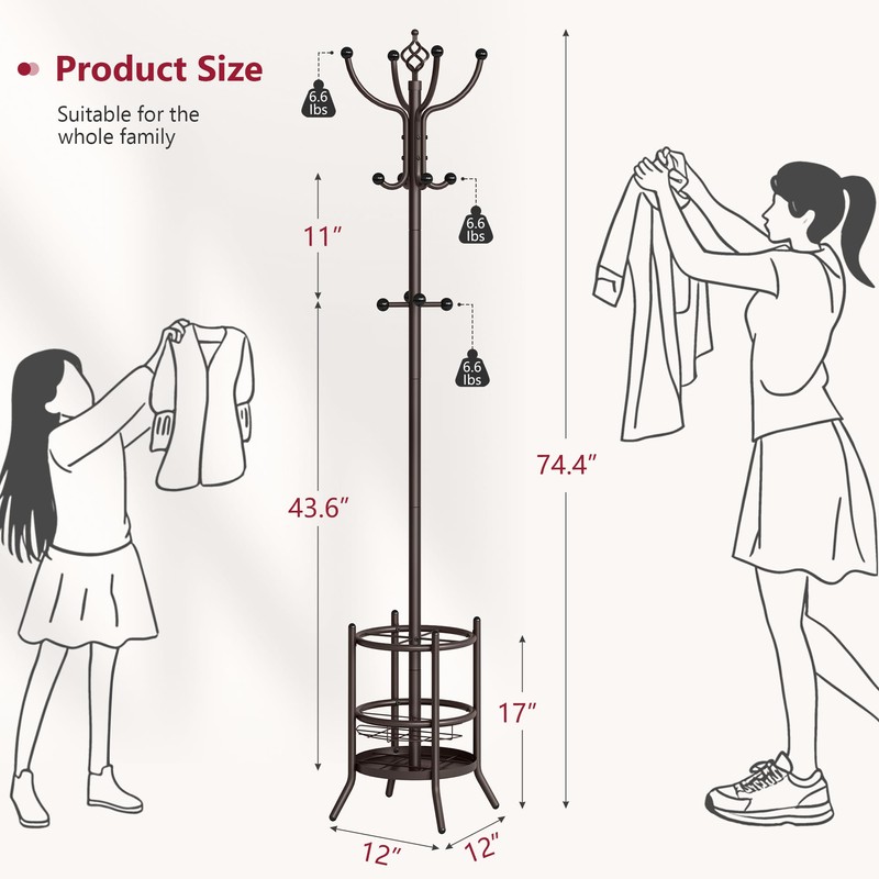 Tajsoon Coat Rack Stand with Umbrella Holder, Coat Tree Freestanding