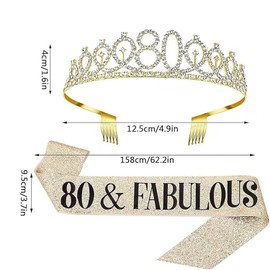 BTGOU 80th Birthday Sash and Tiara Set, Gold, Women's Birthday Costume Headwear, One Size, Satin, Costume Circlet, Women's Department