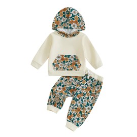 Toddler Infant Baby Girl Fall Winter Outfit 0-3 Years Long Sleeve Floral Print Hooded Sweatshirt Pullover and Elastic Waist Pants 2Pcs Tracksuit Set Clothes for Little Girls (Beige, 12-18 Months)