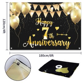 HAMIGAR 6x4ft Happy 7th Anniversary Banner Backdrop - 7 Wedding Anniversary Decorations Party Supplies - Black Gold